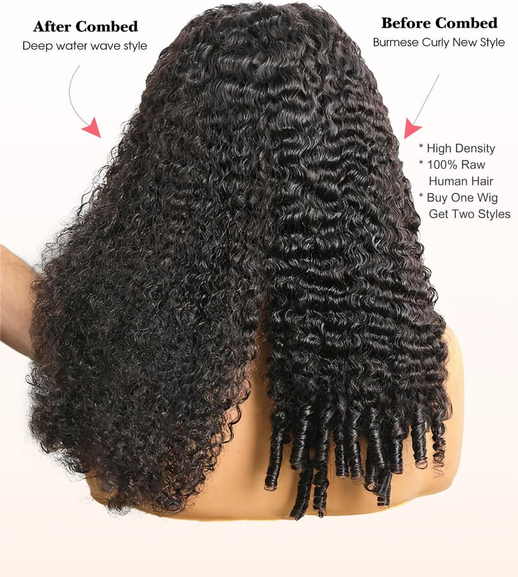 Burmese Curly 9x6 Glueless Human Hair Wig with Spiral Curls Ends,220 Density Drawstring Pre Plucked Pre Cut Wear and Go HD Lace Closure Wig Effortless Style Breathable for Black Women 16 Inch
